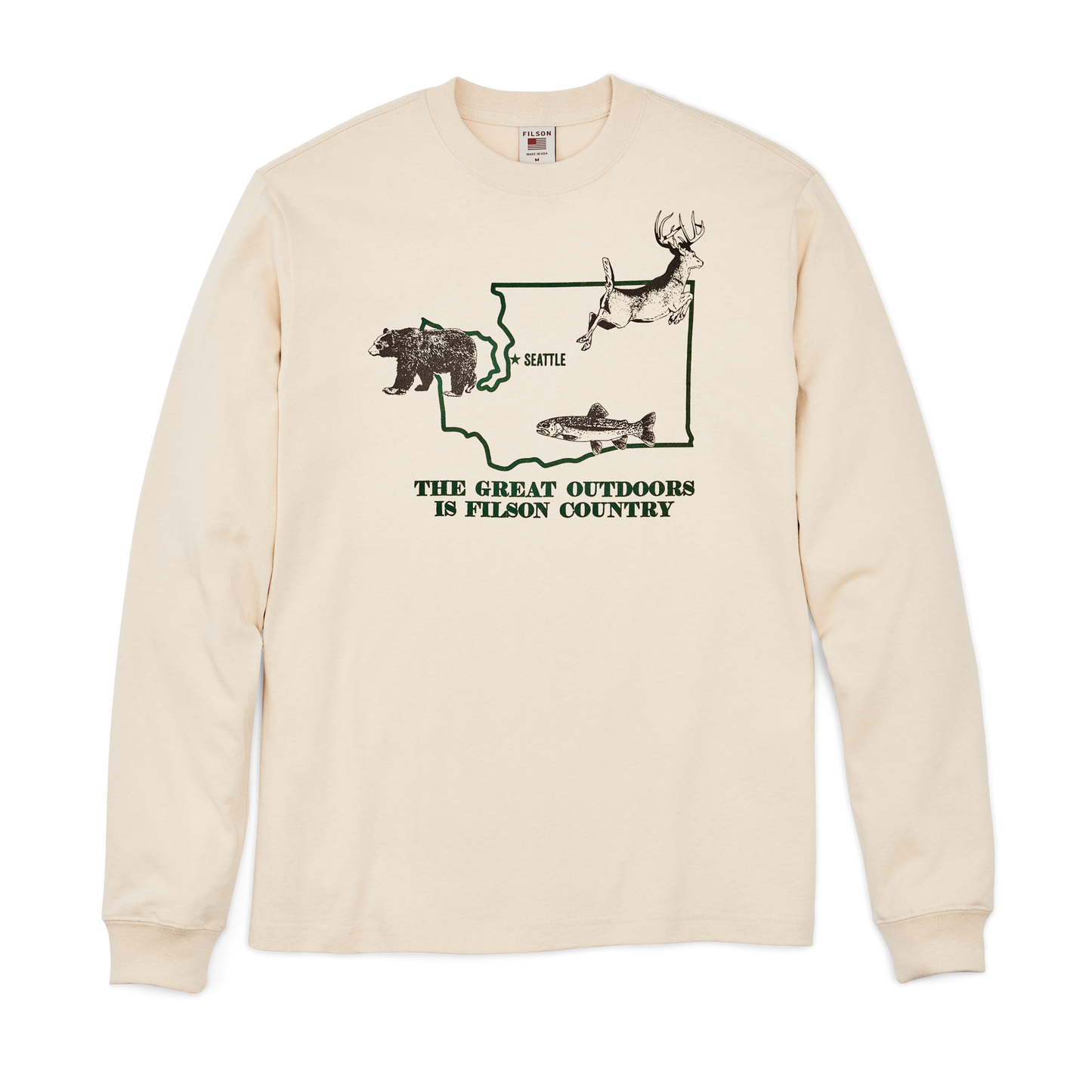 Front-facing image of the Filson Long Sleeve Pioneer Graphic T-shirt - Natural / State