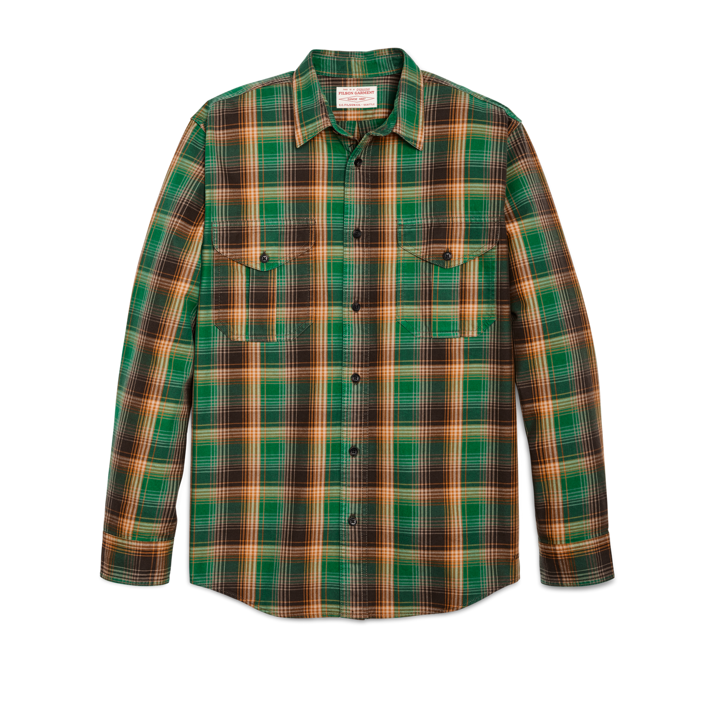 Front-facing image of the Filson Lightweight Alaskan Guide Shirt - Yellow / Green / Gray Plaid