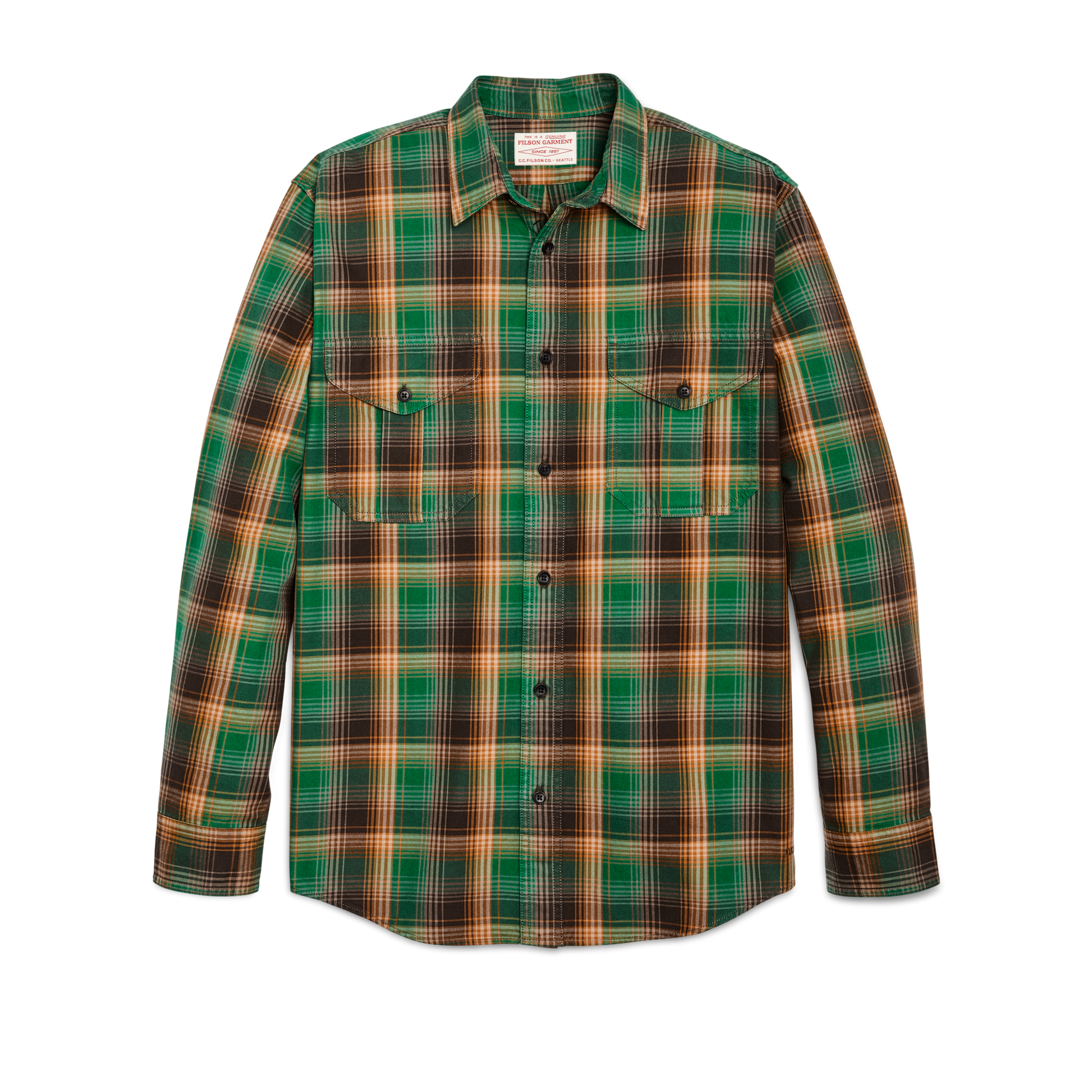 Front-facing image of the Filson Lightweight Alaskan Guide Shirt - Yellow / Green / Gray Plaid