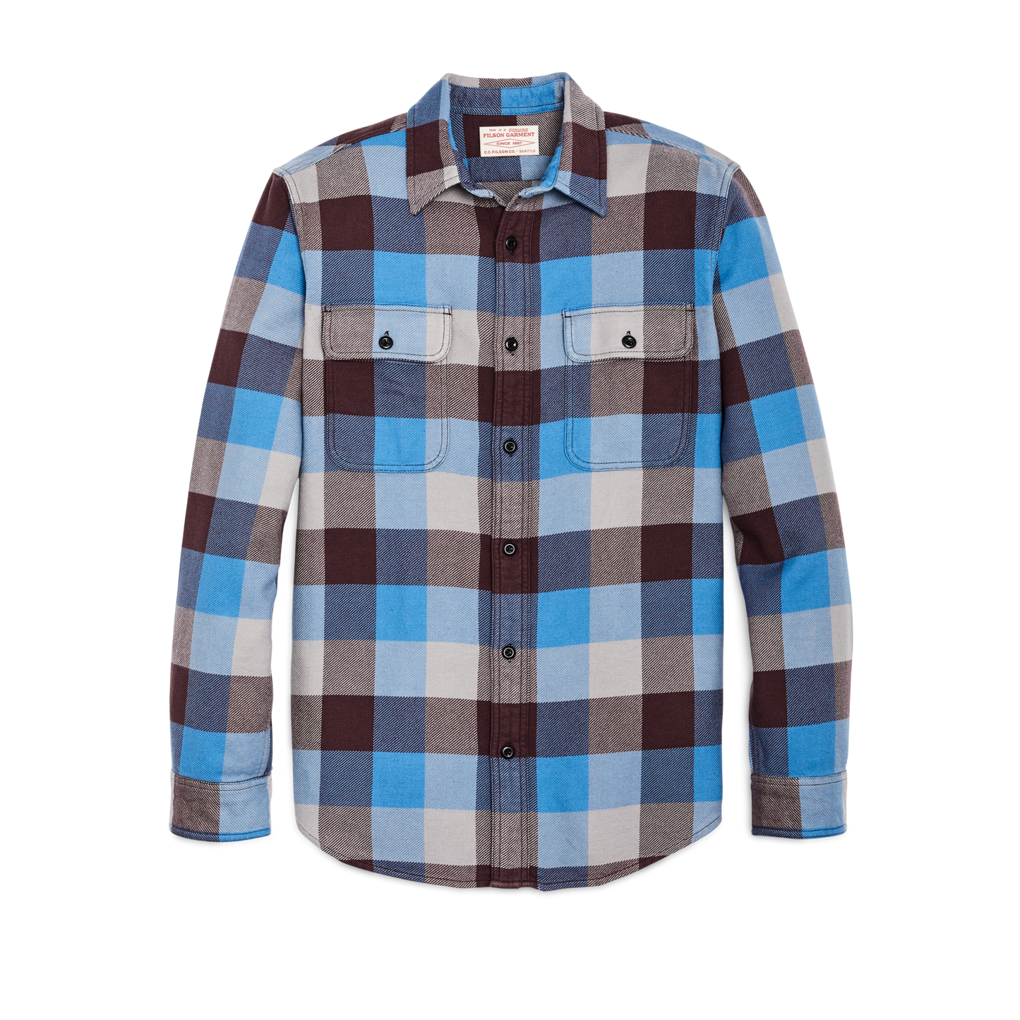 Front-facing image of the Filson Vintage Flannel Work Shirt - Blue / Maroon / Gray Check