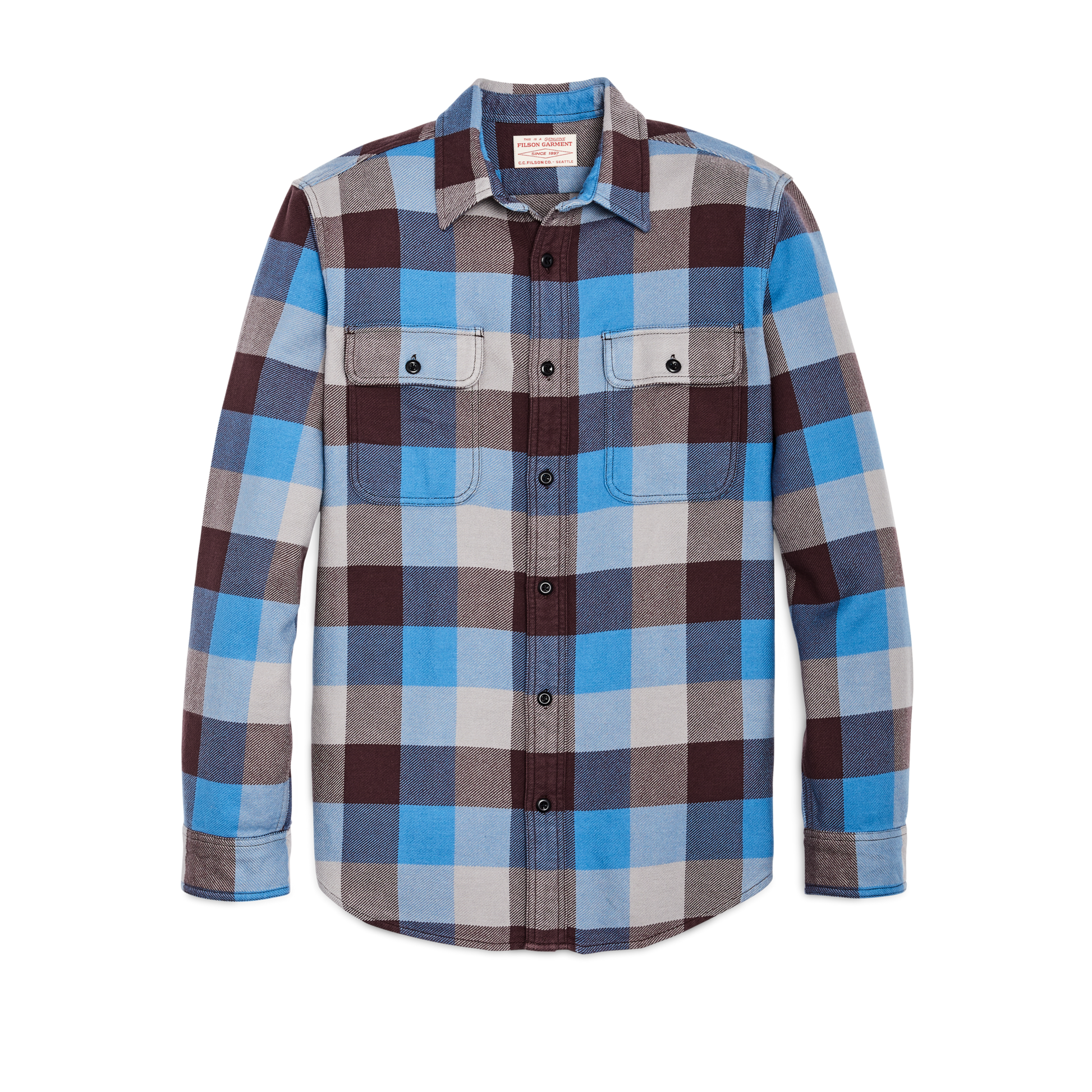 Front-facing image of the Filson Vintage Flannel Work Shirt - Blue / Maroon / Gray Check