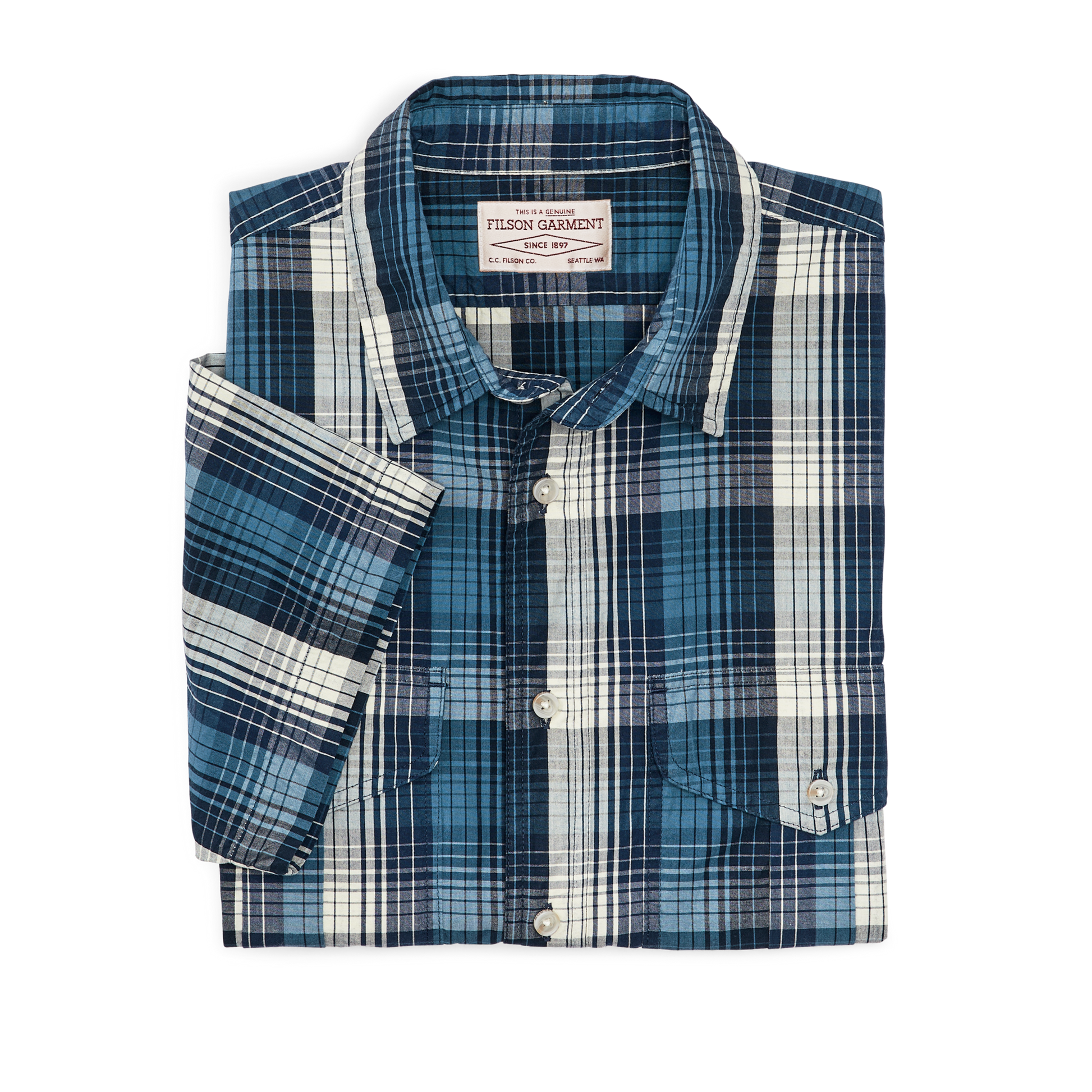 Alternate view of the Filson Filson's Washed Short Sleeve Feather Cloth Shirt - Service Blue / White Plaid