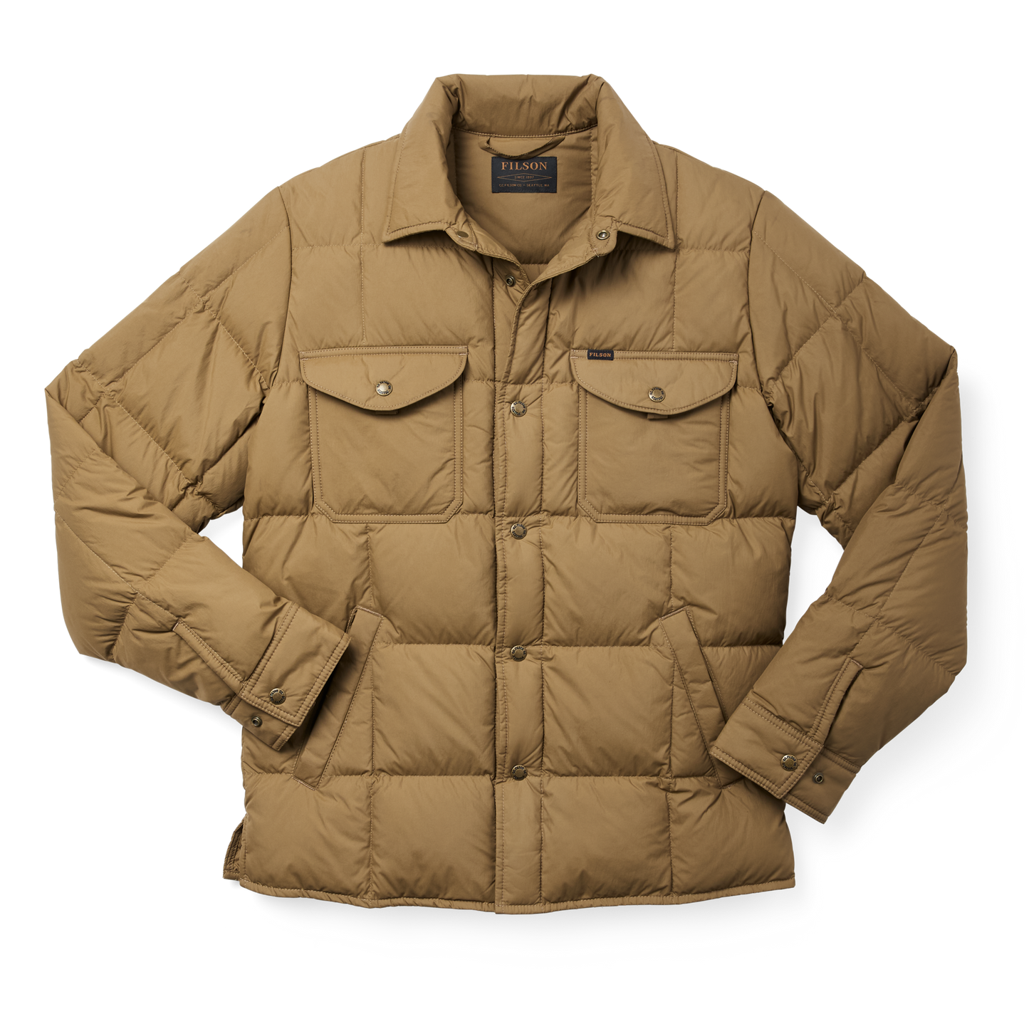 Front-facing image of the Filson Lightweight Down Jac-shirt - Dark Tan