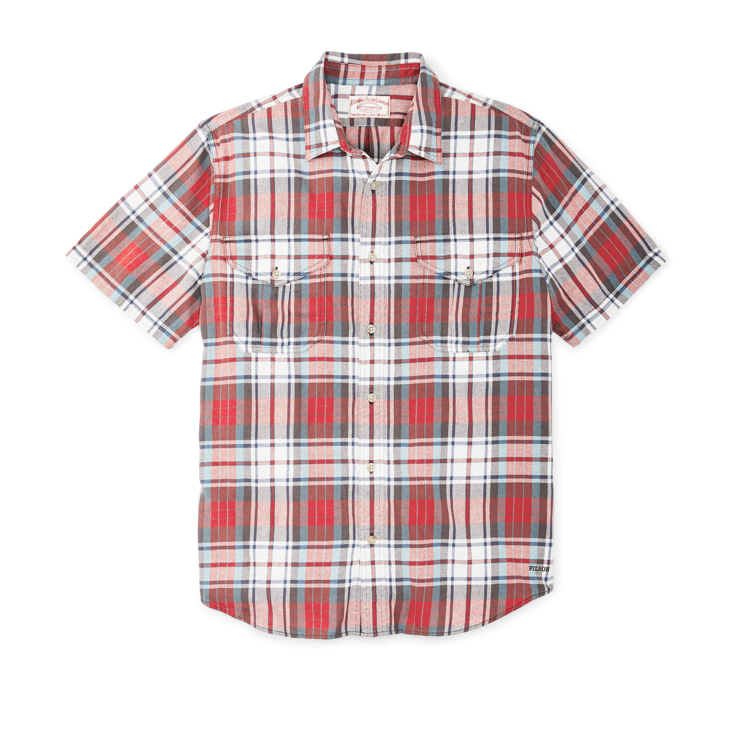 Front-facing image of the Filson Short Sleeve Lightweight Alaskan Guide Shirt  - Red / Storm Blue