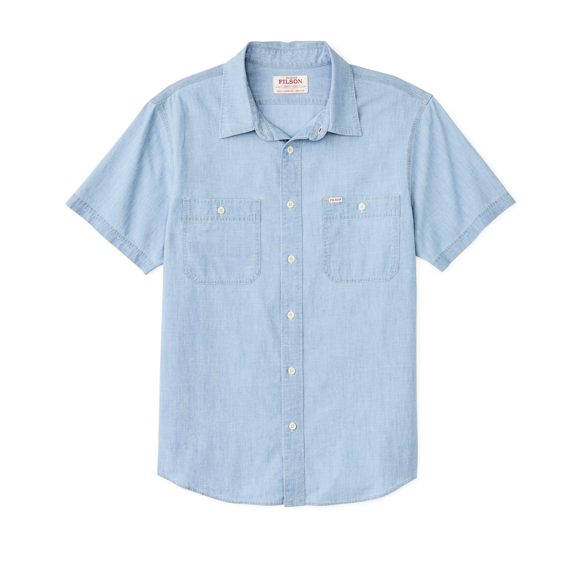 Front-facing image of the Filson Short Sleeve Chambray Shirt  - Light Indigo Chambray