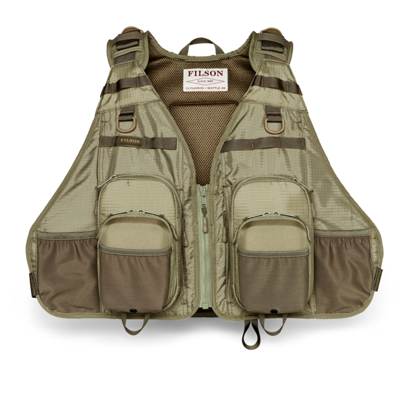 main image of filson's fishing guide vest, a men's technical vest, shown in vintage olive