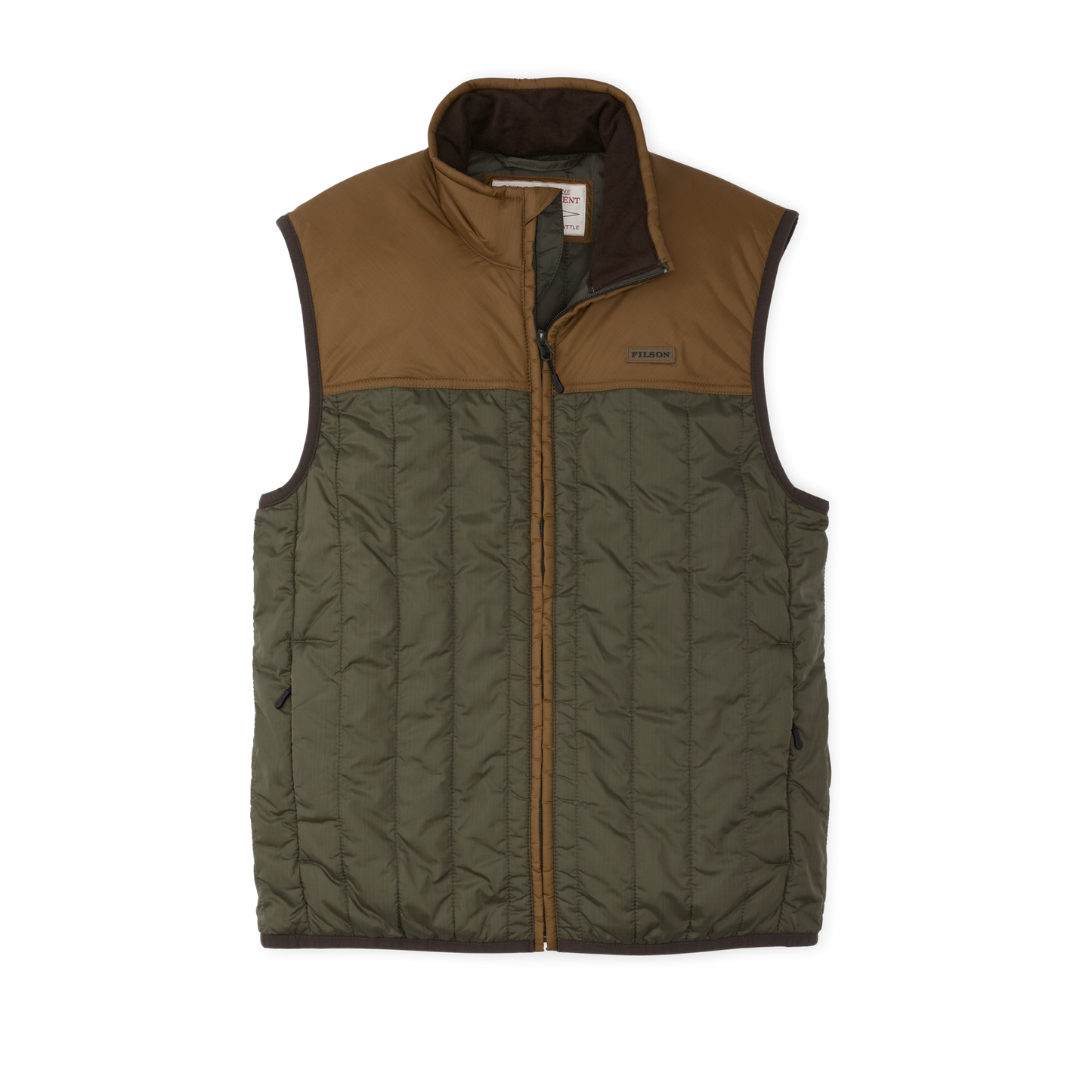 Front-facing image of the Filson Ultralight Vest - Surplus Green/ Gold Ochre