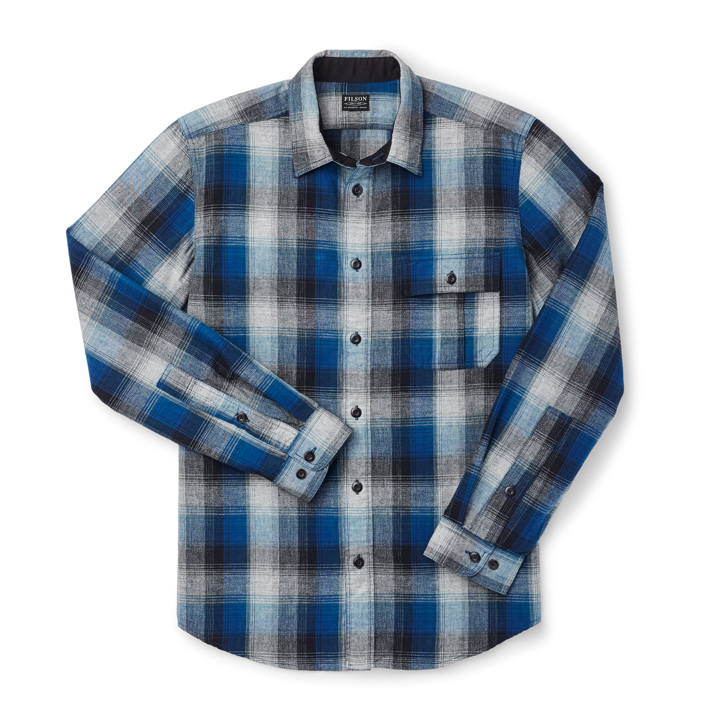 Front-facing image of the Filson Rustic Oxford Shirt - Indigo/black/charcoal Plaid