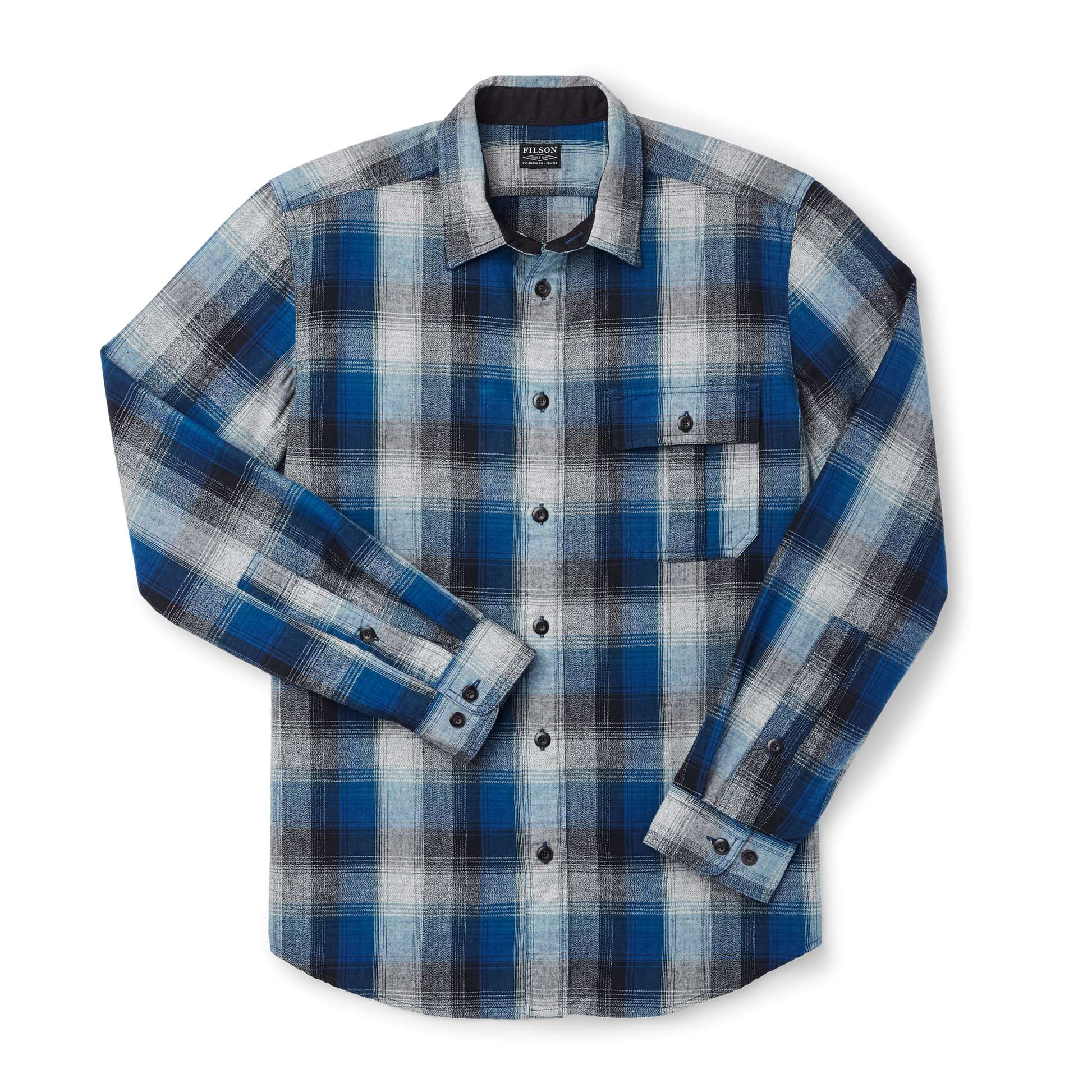 Front-facing image of the Filson Rustic Oxford Shirt - Indigo/black/charcoal Plaid