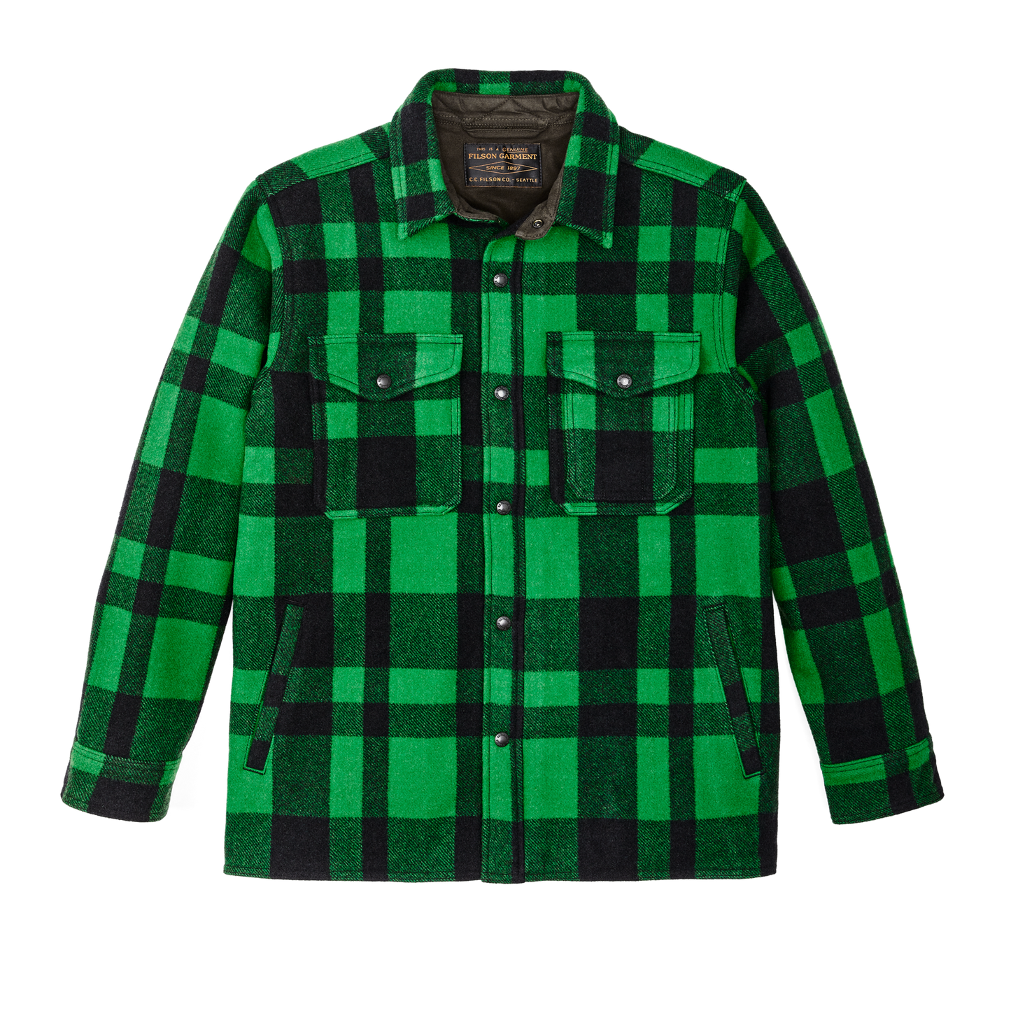 Front-facing image of the Filson Lined Mackinaw Wool Jac Shirt - Acid Green / Black Heritage Plaid X