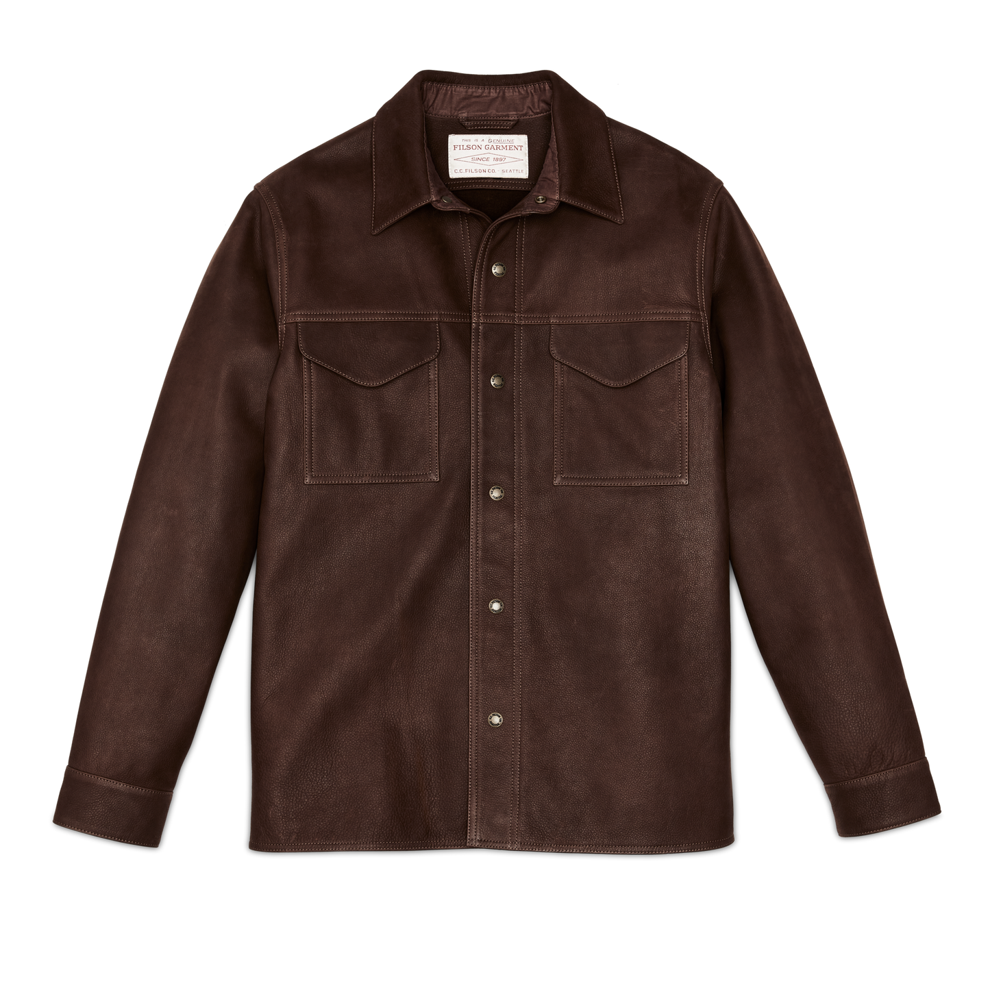 Front-facing image of the Filson Full Grain Leather Jac-shirt - Brown