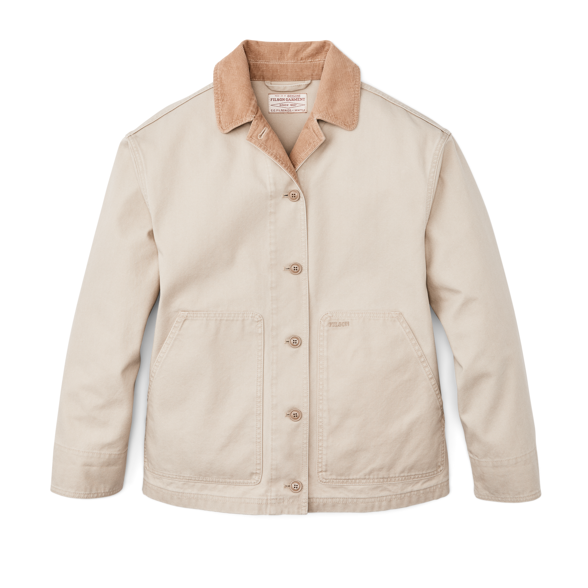 Front-facing image of the Filson Women's Canvas Barn Coat - Feather Gray