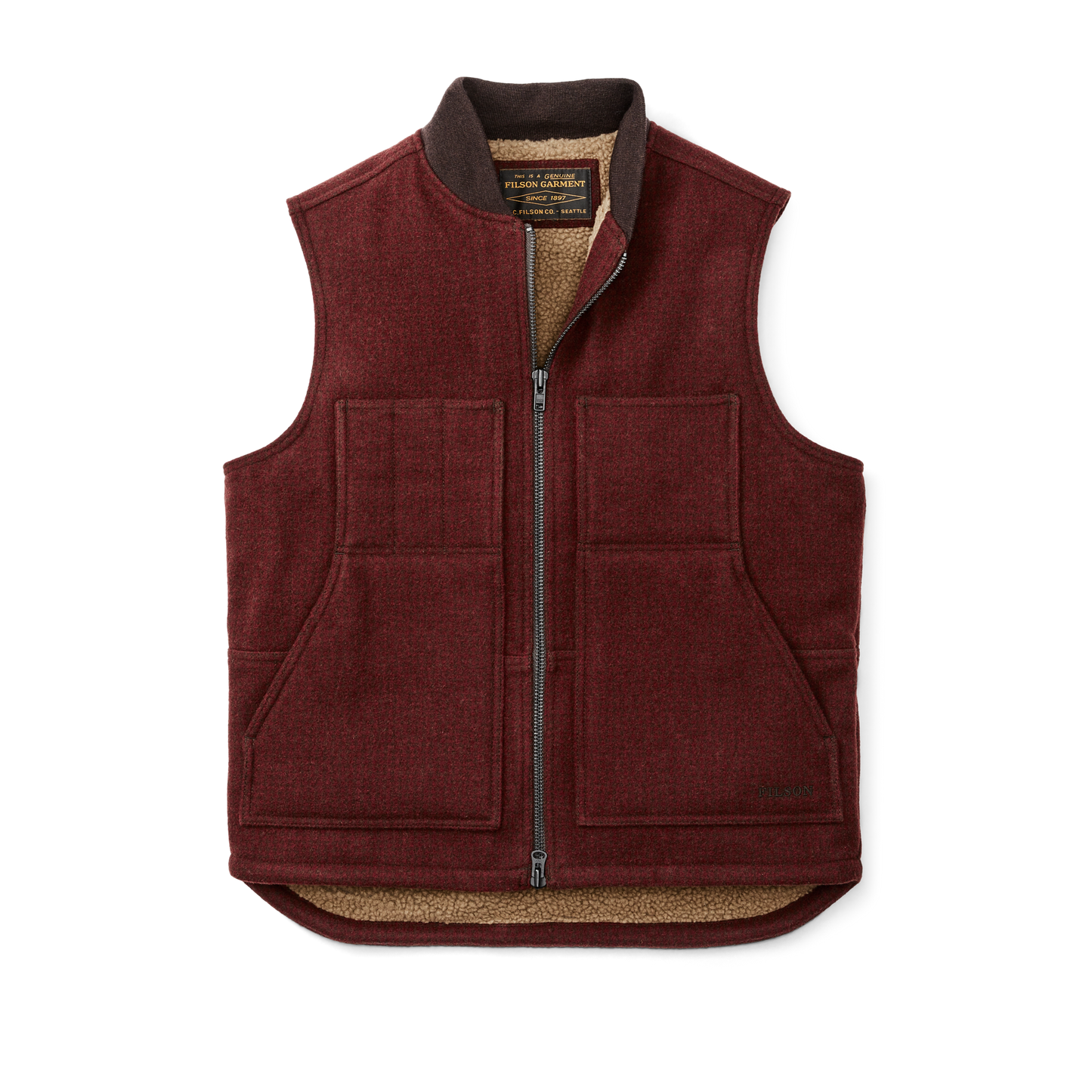 Front-facing image of the Filson Lined Mackinaw Wool Work Vest - Dark Red / Black Houndstooth