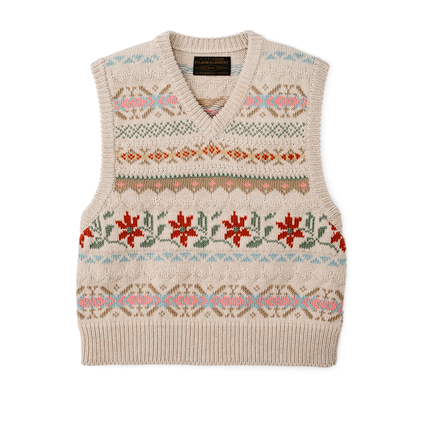 Front-facing image of the Filson Women's Jacquard Fair Isle Vest - Flower Jacquard