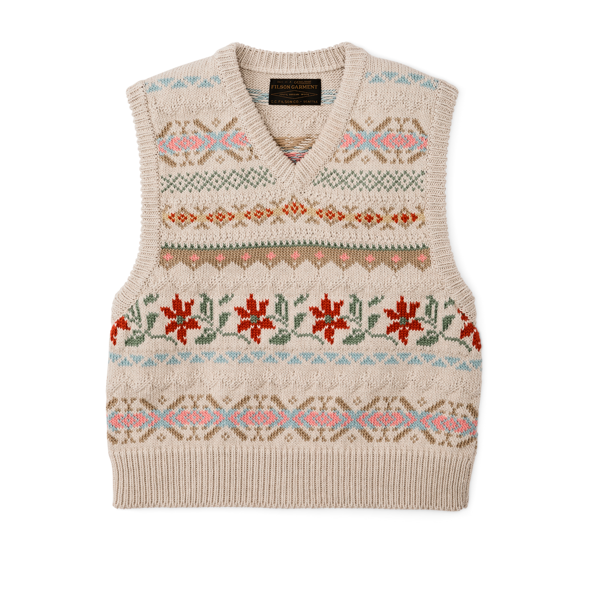 Front-facing image of the Filson Women's Jacquard Fair Isle Vest - Flower Jacquard