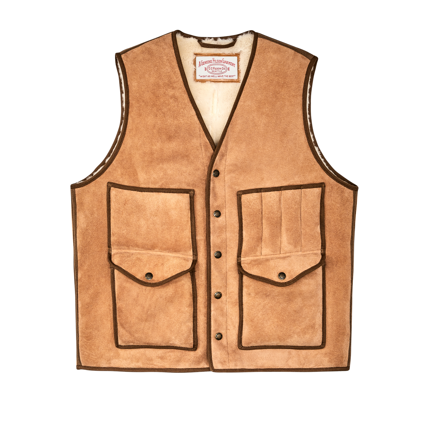 Front-facing image of the Filson Shearling Cruiser Vest - Almond Beige