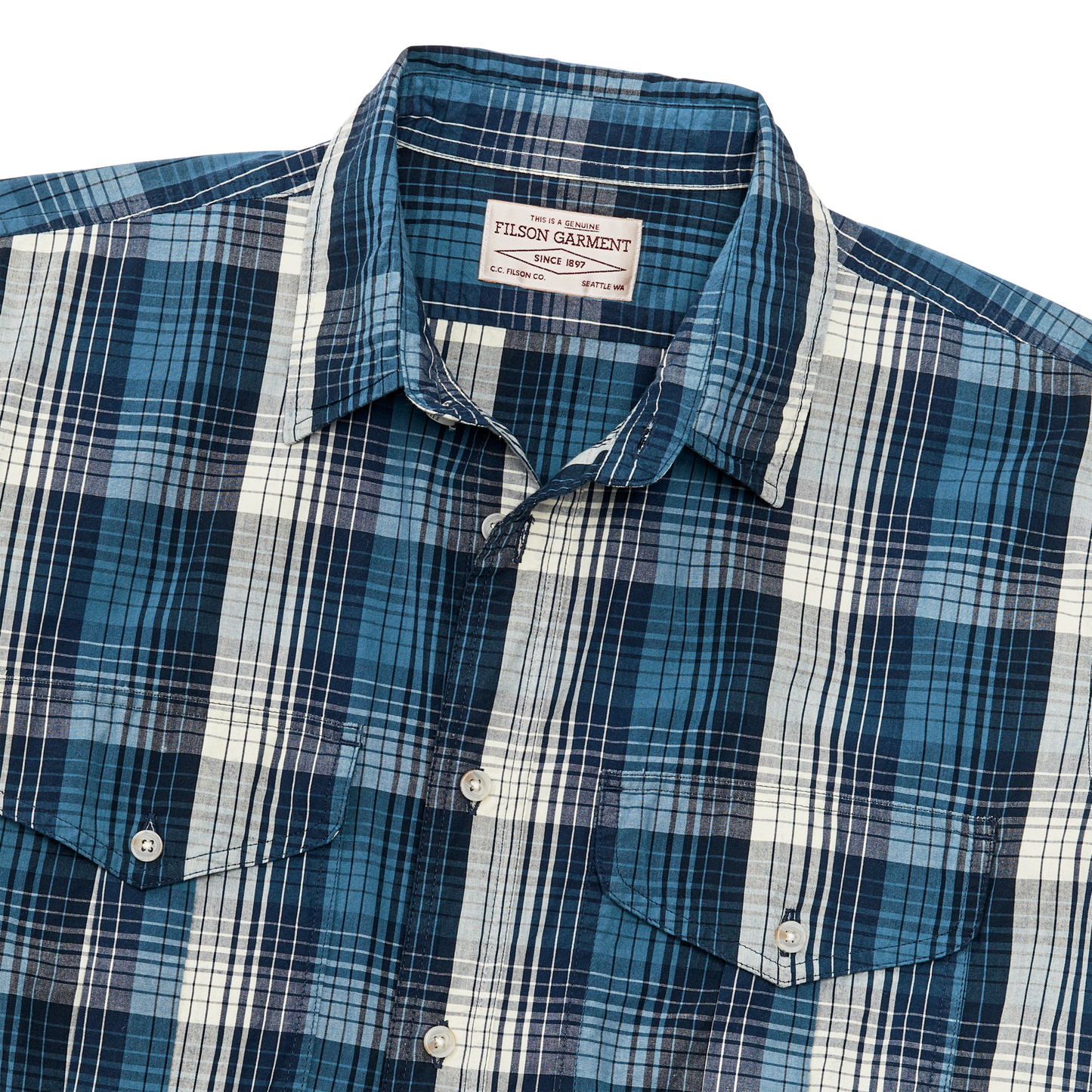 Alternate view of the Filson Filson's Washed Short Sleeve Feather Cloth Shirt - Service Blue / White Plaid