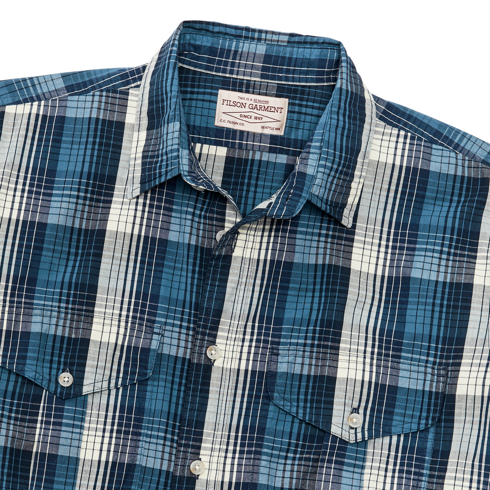 Alternate view of the Filson Filson's Washed Short Sleeve Feather Cloth Shirt - Service Blue / White Plaid