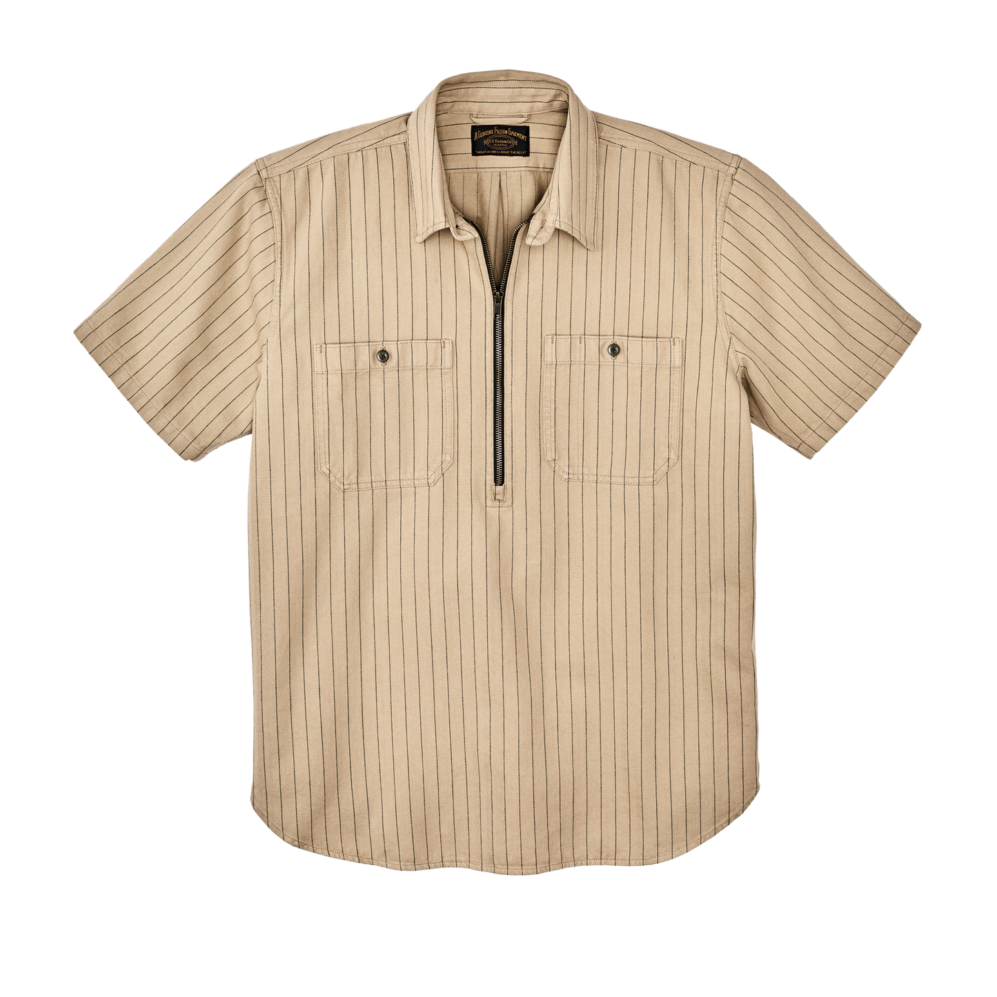 Front-facing image of the Filson Short Sleeve Mechanic Shirt - Tan Herringbone/ Green Stripe