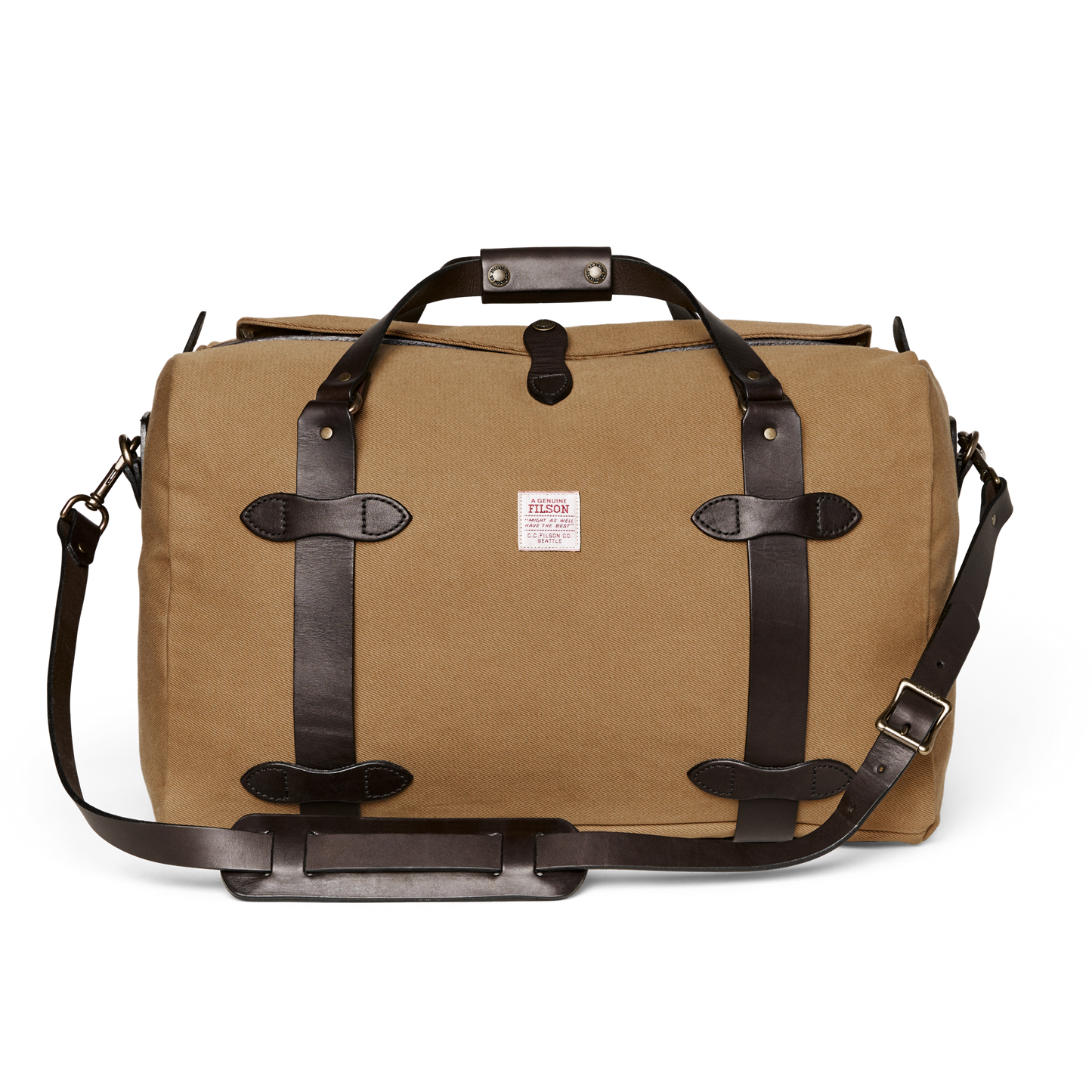 Front-facing image of the Filson Medium Rugged Twill Duffle Bag - Tan