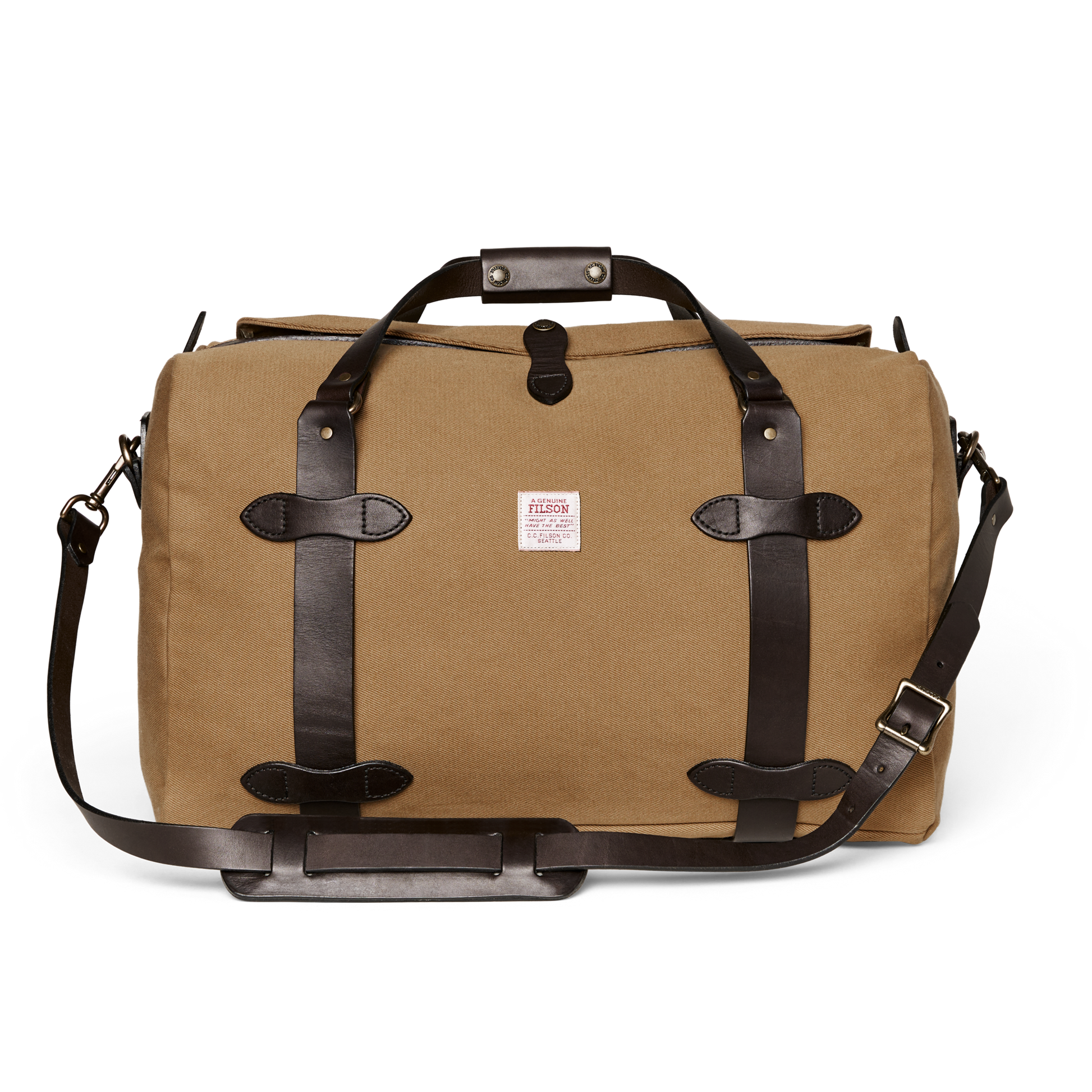 Front-facing image of the Filson Medium Rugged Twill Duffle Bag - Tan