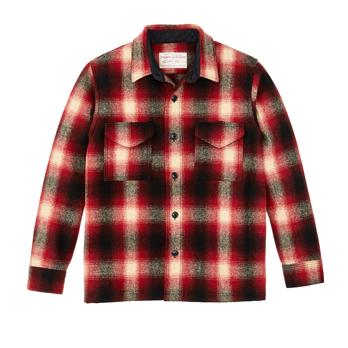 Front-facing image of the Filson Mackinaw Wool Jac-shirt - Red / Black Ombre Plaid