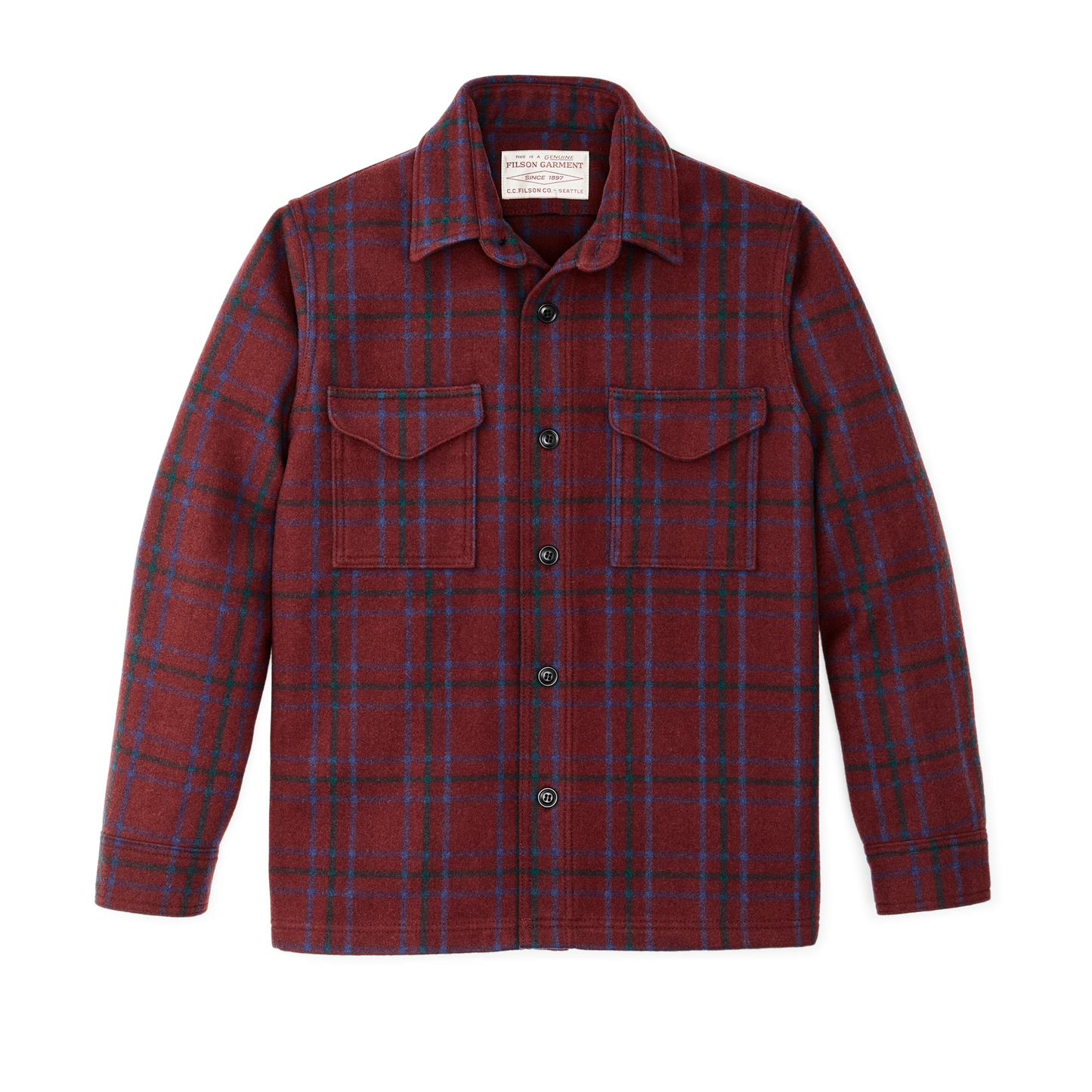 Front-facing image of the Filson Seattle Wool Jac-shirt - Deep Red Blue Green