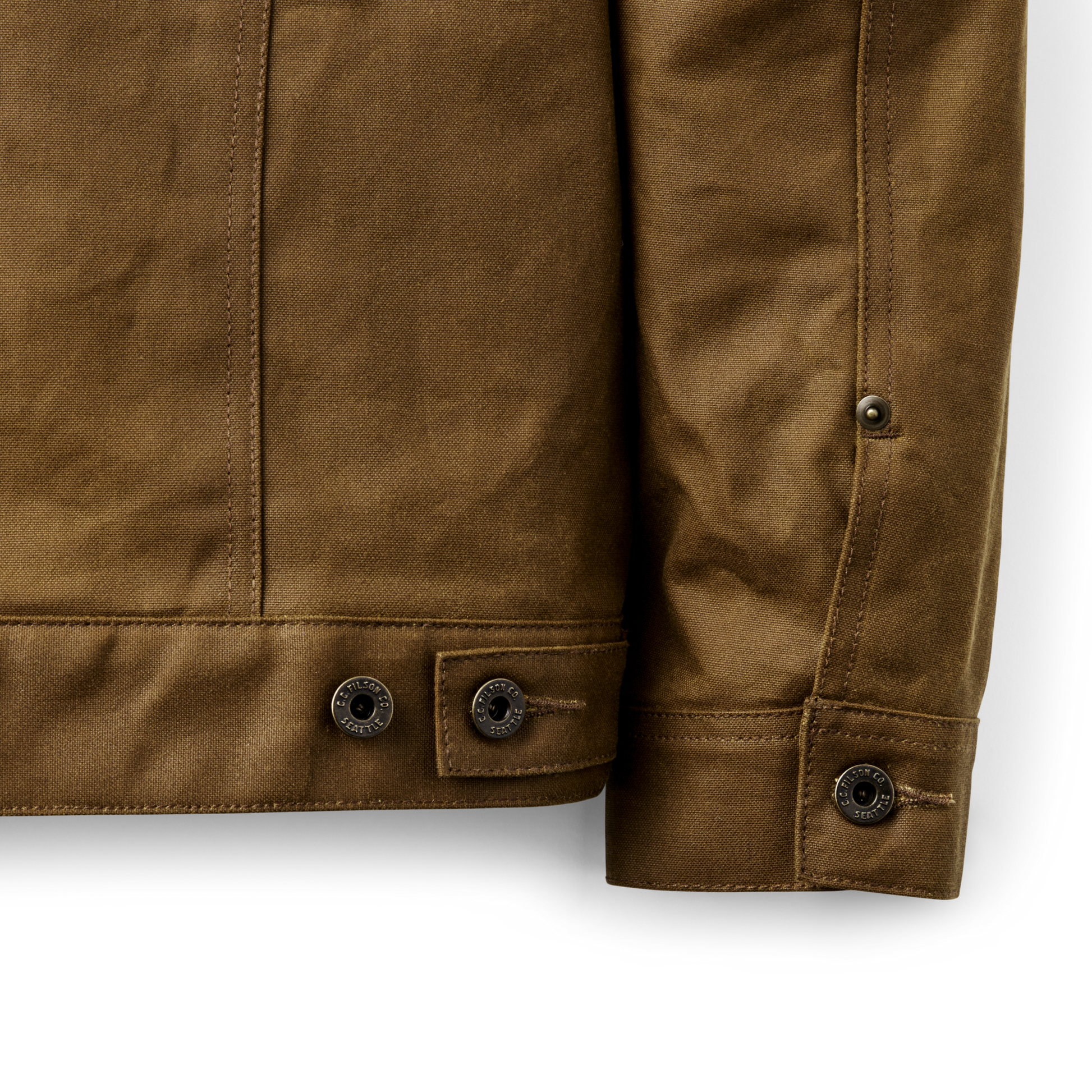 Alternate view of the Filson Tin Cloth Short Lined Cruiser Jacket - Dark Tan|Metal shank-button front cuff closures