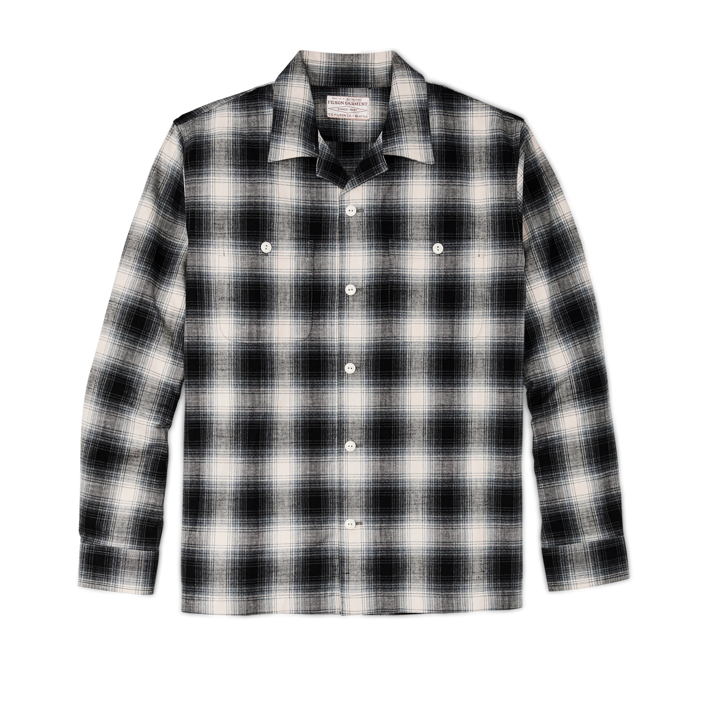 Front-facing image of the Filson Elk Heights Camp Shirt - Black / Gray Shadow Plaid