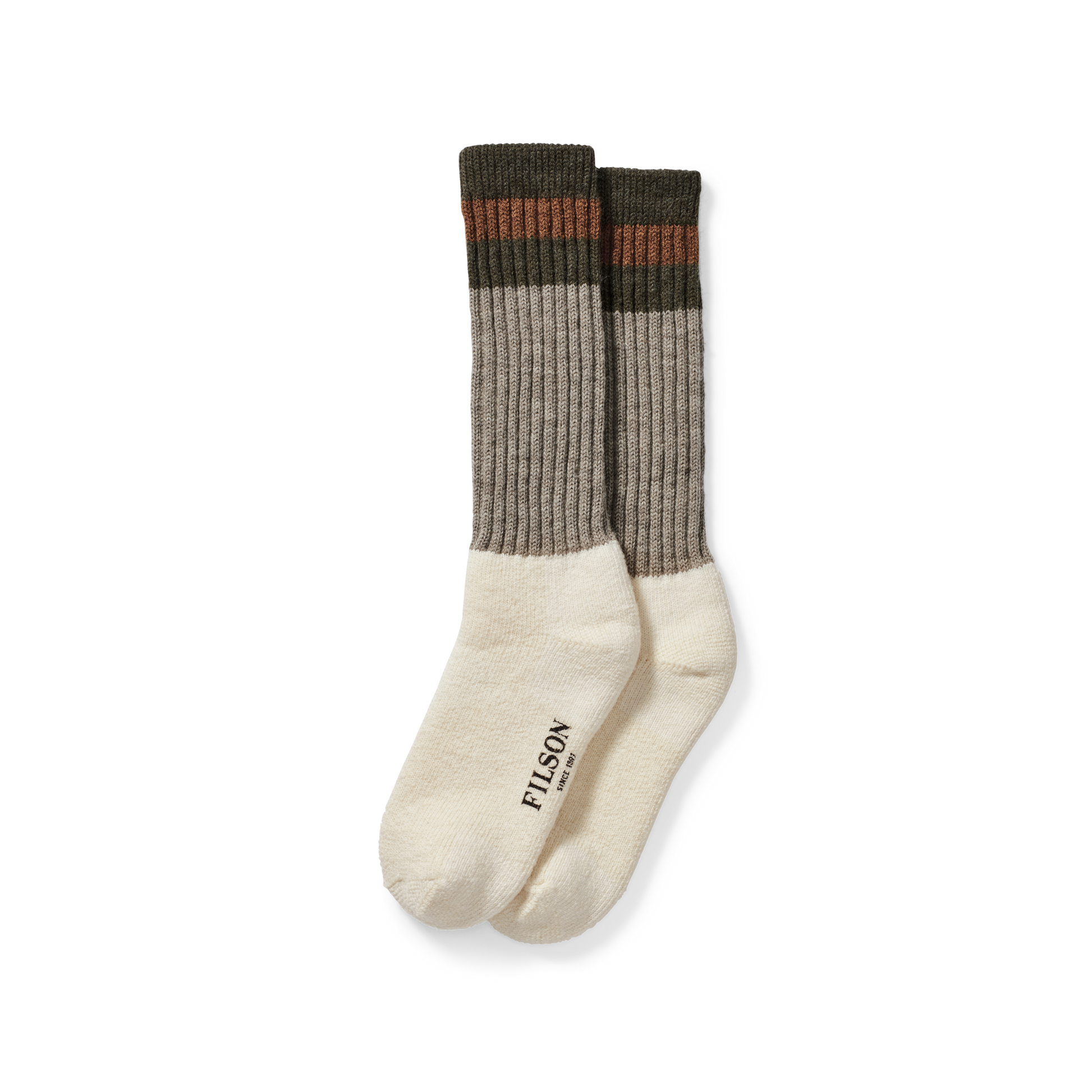 Front-facing image of the Filson 1970s Logger Thermal Socks - Green Brown