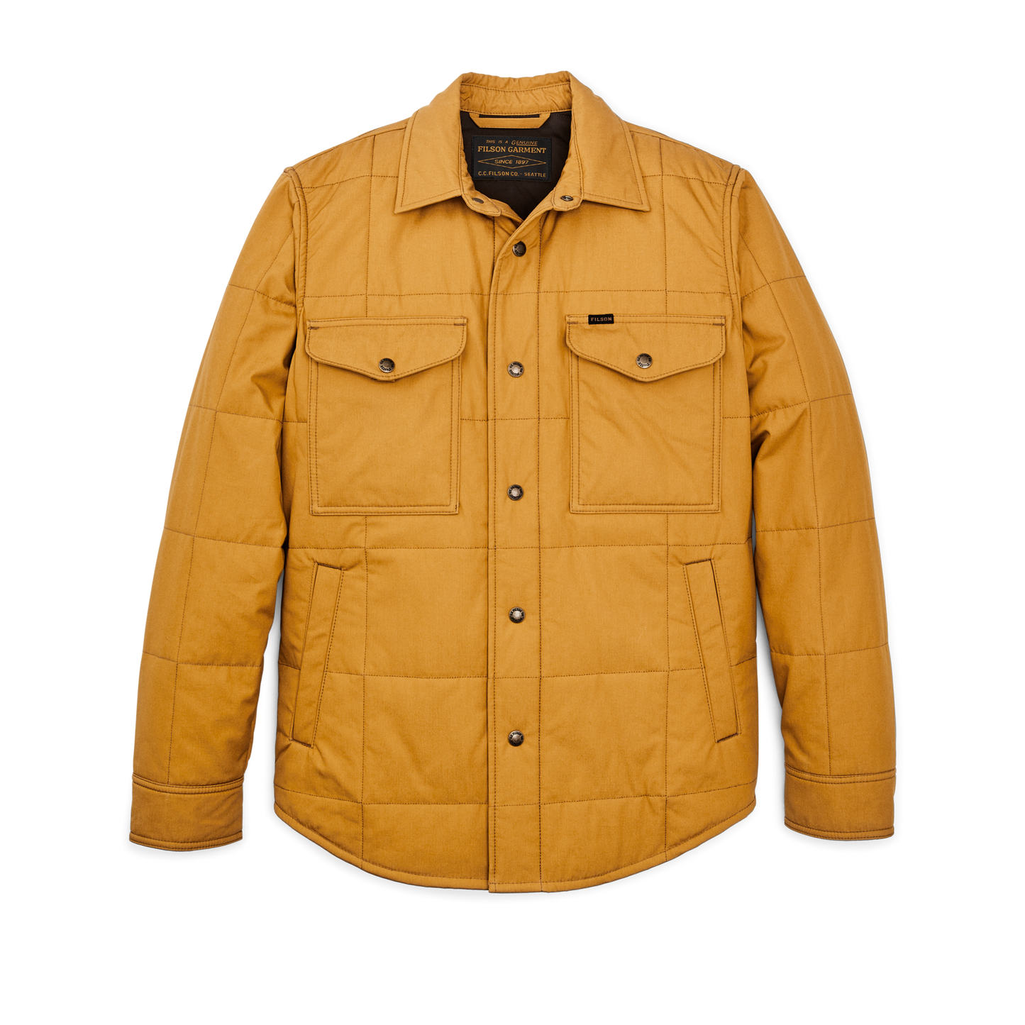 Front-facing image of the Filson Cover Cloth Quilted Jac-shirt - Yellow Ochre