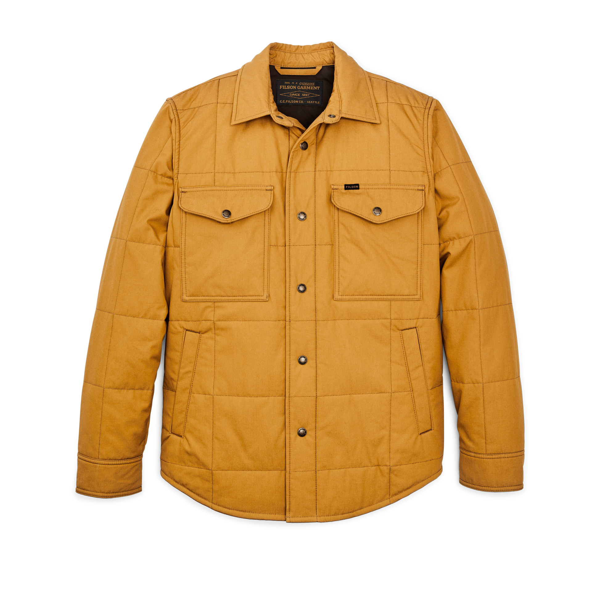 Front-facing image of the Filson Cover Cloth Quilted Jac-shirt - Yellow Ochre