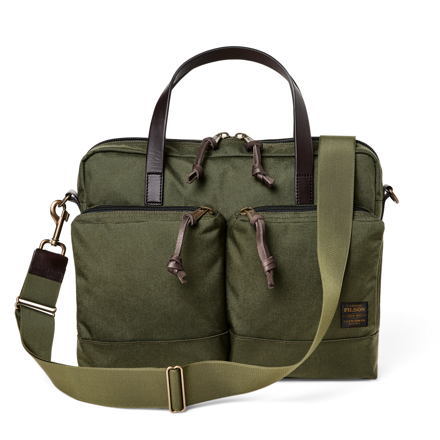 Front-facing image of the Filson Dryden Briefcase - Otter Green