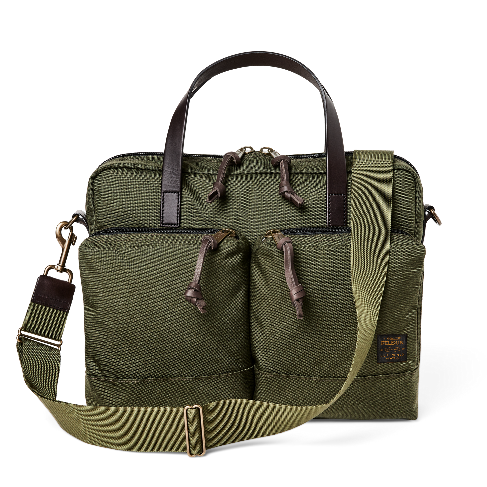 Front-facing image of the Filson Dryden Briefcase - Otter Green