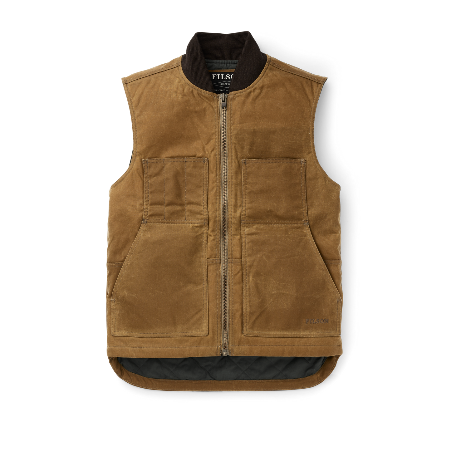 Front-facing image of the Filson Tin Cloth Insulated Work Vest - Dark Tan