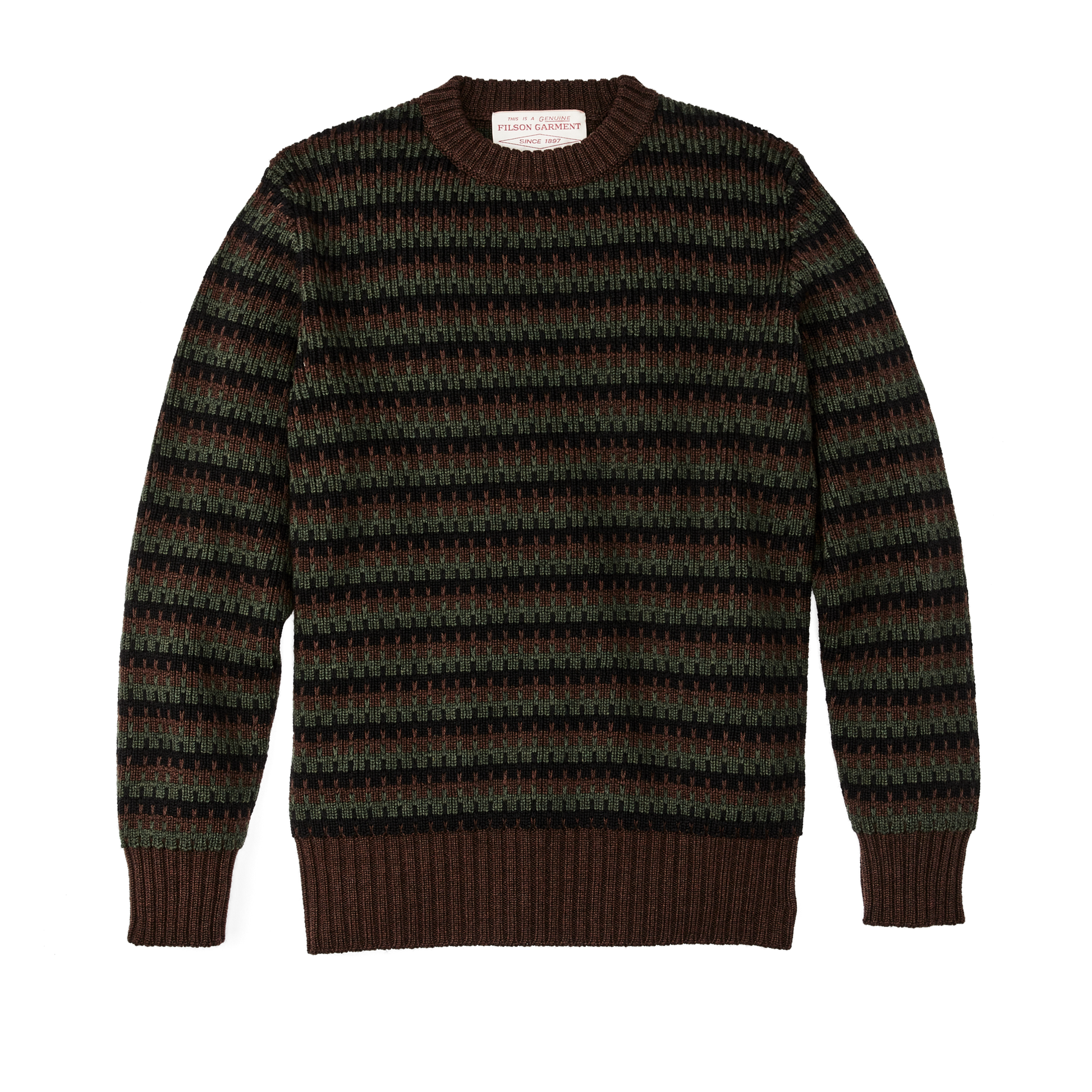 Front-facing image of the Filson Jacquard Wool Crewneck Sweater - Black / Green / Brown Jacquard