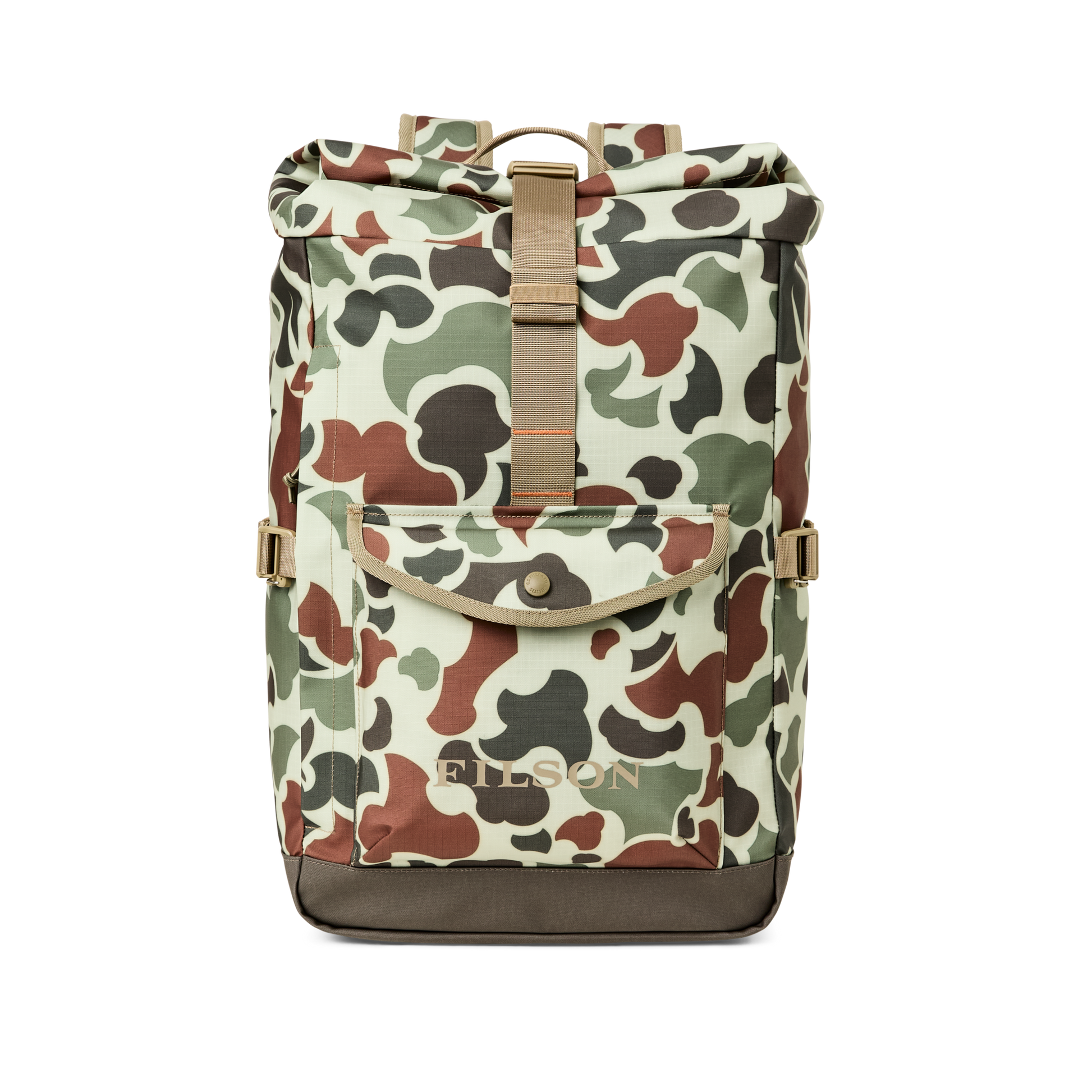 Front-facing image of the Filson Scout Backpack - Shrub Camo / Canteen / Covert