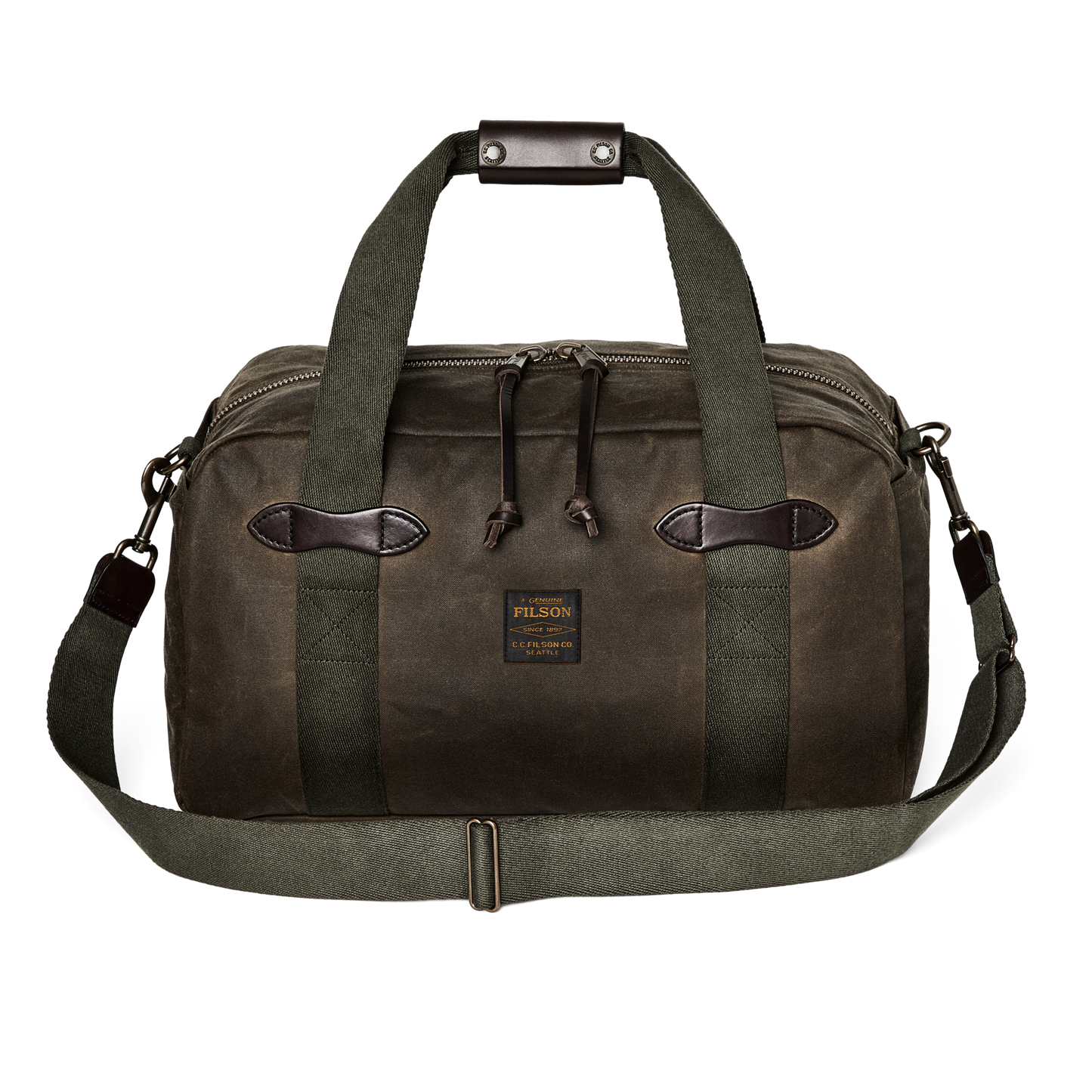 Front-facing image of the Filson Small Tin Cloth Duffle Bag - Otter Green