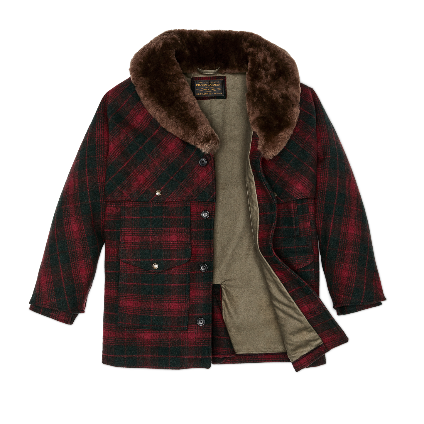 Alternate view of the Filson Lined Mackinaw Wool Packer Coat - Burgundy / Dark Olive Plaid