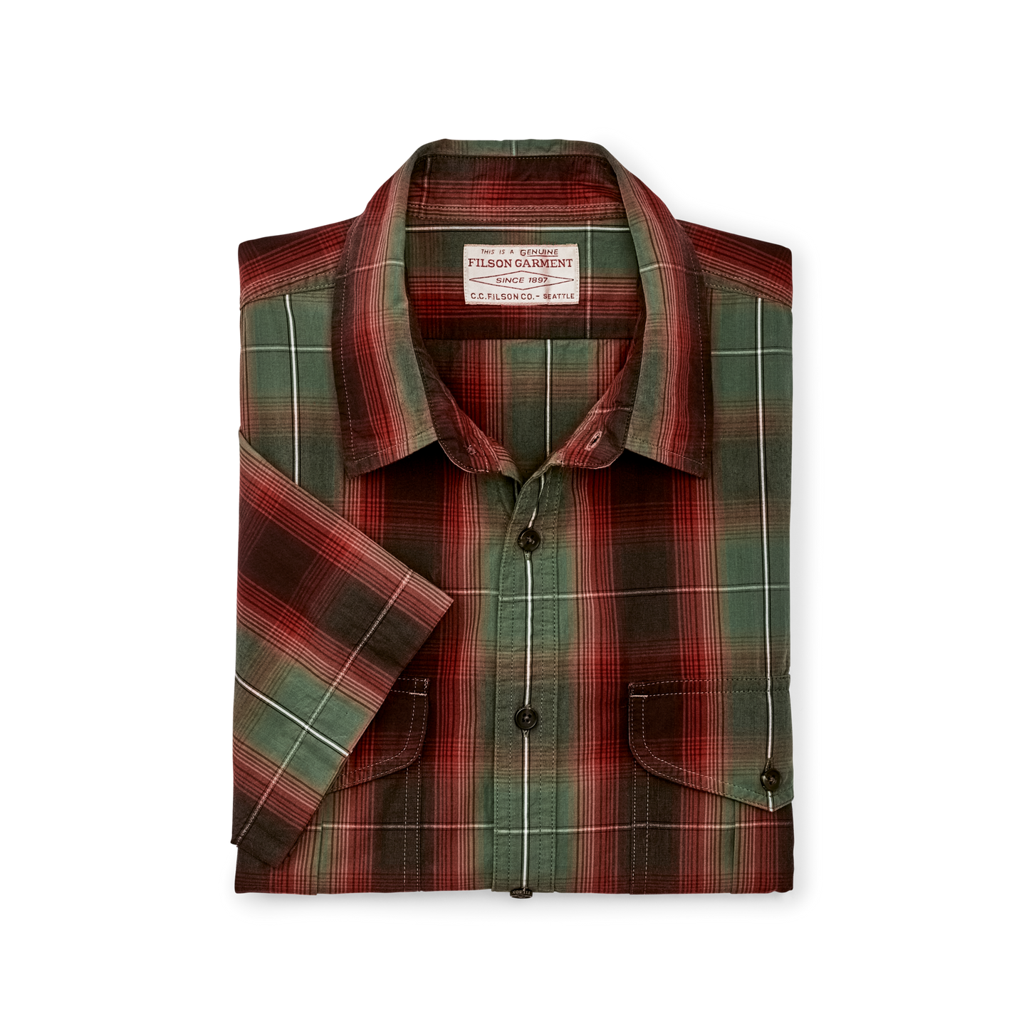 Alternate view of the Filson Filson's Washed Short Sleeve Feather Cloth Shirt - Green / Red / Black Ombre