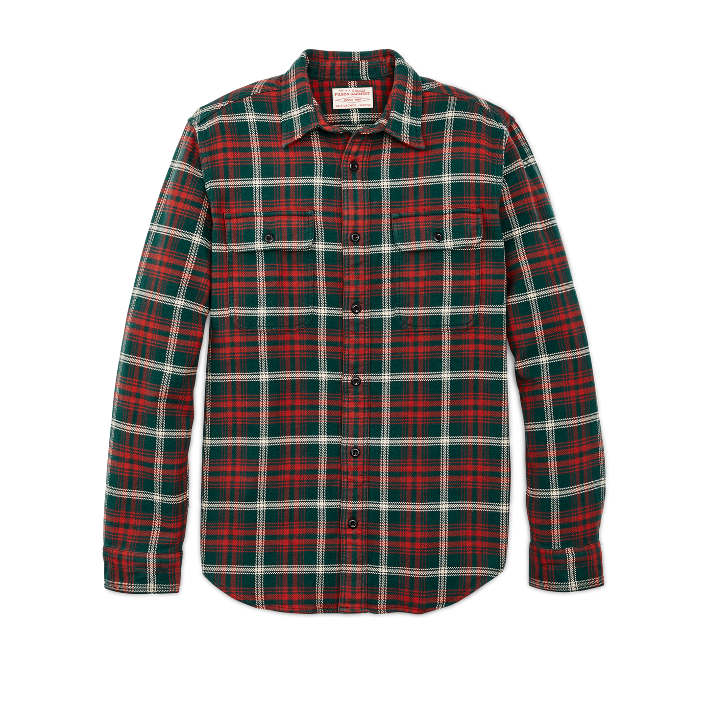 Front-facing image of the Filson Vintage Flannel Work Shirt - Green / Red / White Plaid