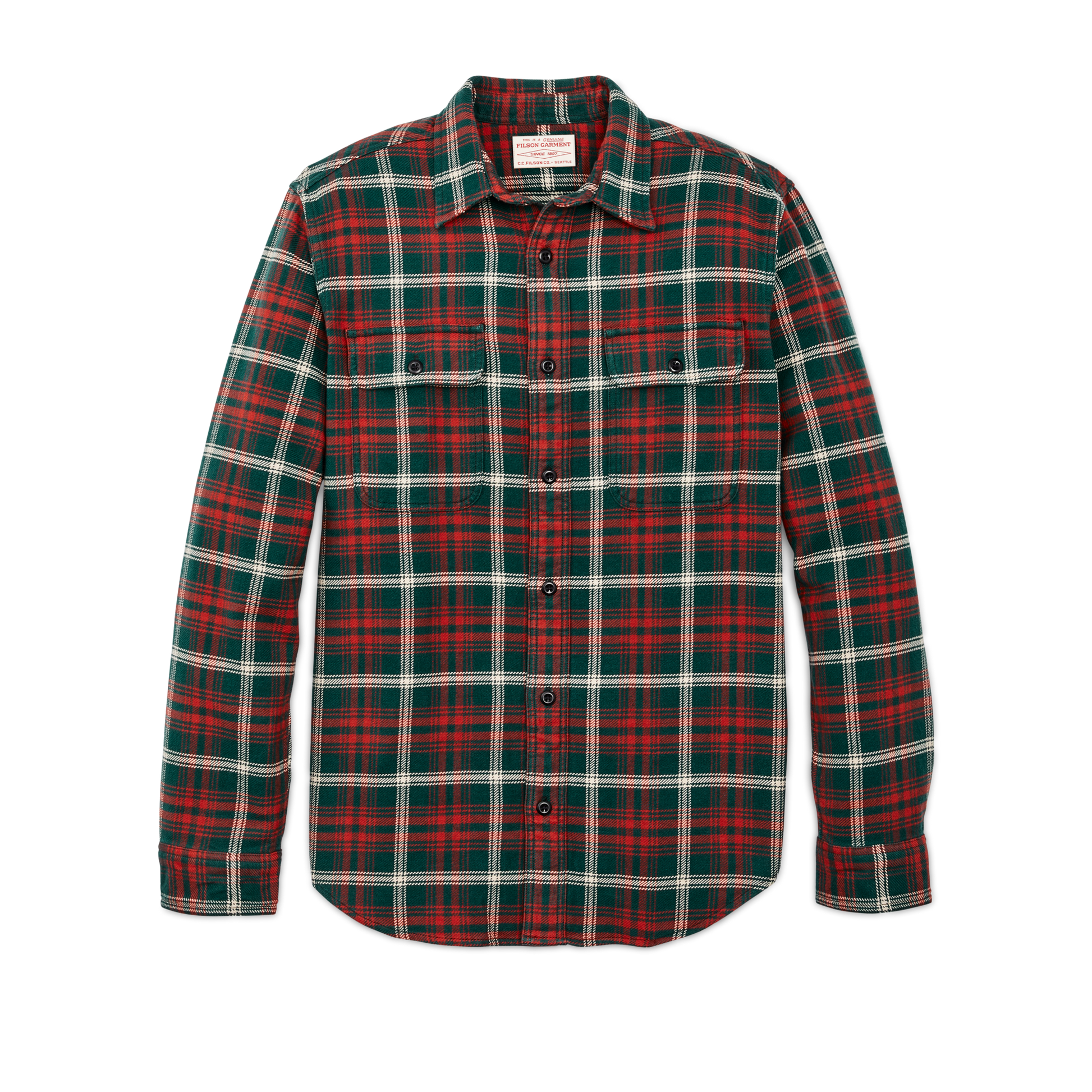 Front-facing image of the Filson Vintage Flannel Work Shirt - Green / Red / White Plaid