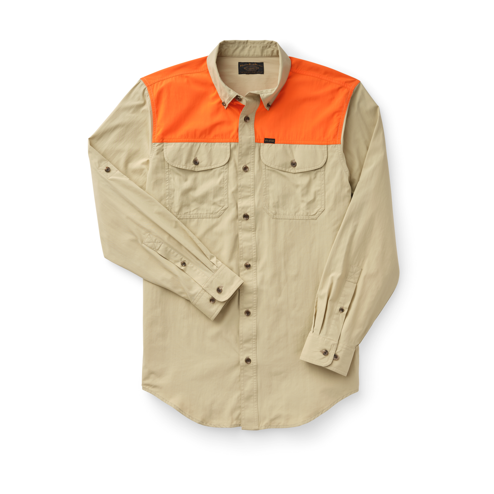 Front-facing image of the Filson Sportsman's Shirt - Twill / Blaze Orange