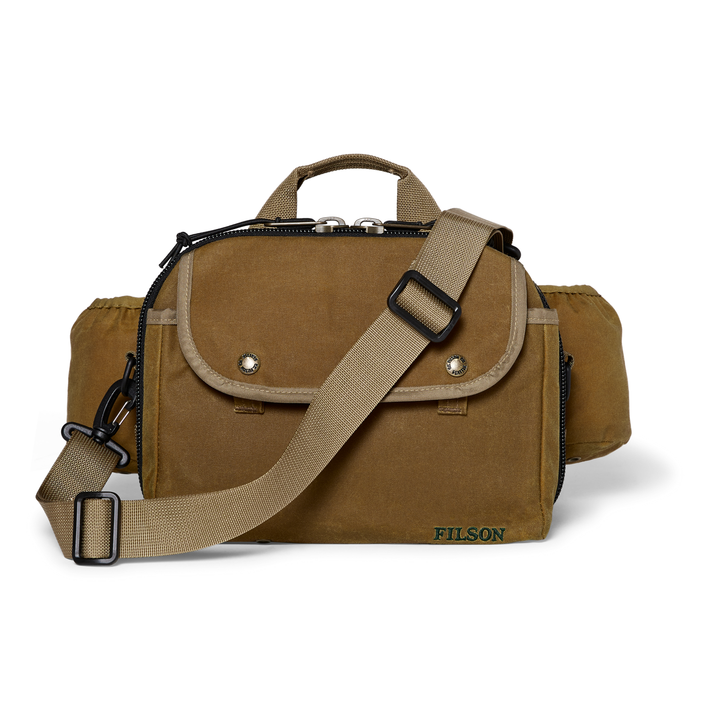 Front-facing image of the Filson Tin Cloth Fishing Pack - Dark Tan